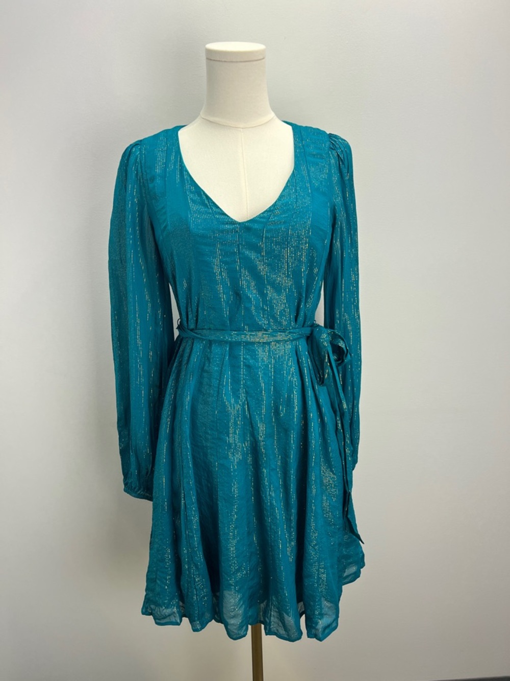 Lilly Pulitzer Kalianna Dress Teal Metallic Gold Long Sleeve Belted XS Party